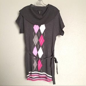 sweater dress, cowl neck, short sleeve preppy y2k